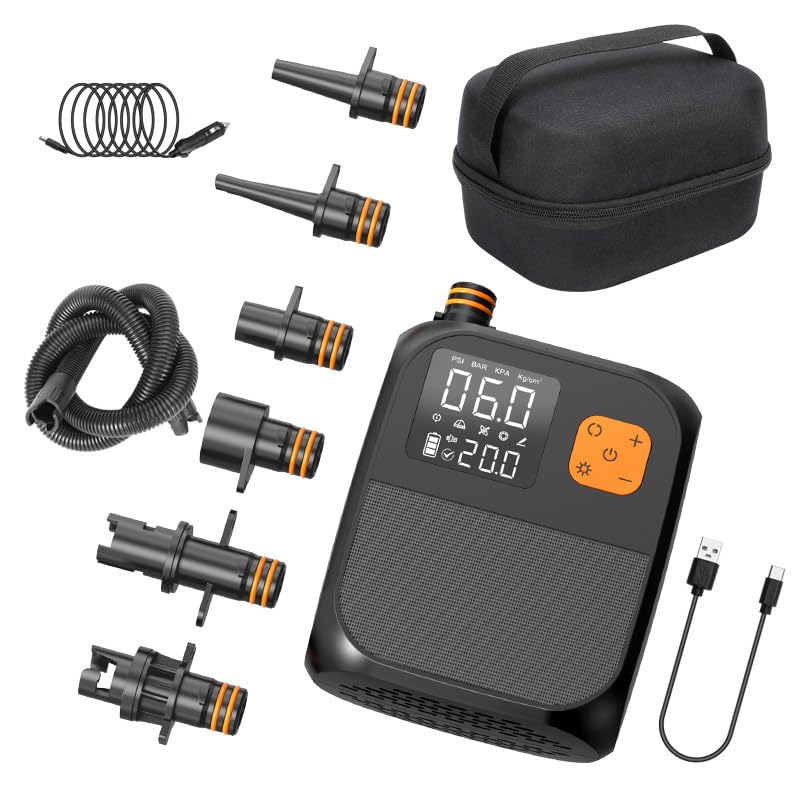 エアーポンプ 電動 空気入れ 25PSI サップ 電動ポンプ 6種類のノズル付き インフレータブルポンプ 自動停止機能 過熱保護 ライト付き 12V DCシガー...