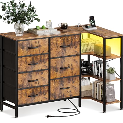 AODK タンス チェスト L字 衣裝ケース 収納ケース 衣装棚 洋服収納 led付き 引き出し7杯付き コンセント付き 脱衣所 衣類チェスト ラック付き 箪笥...