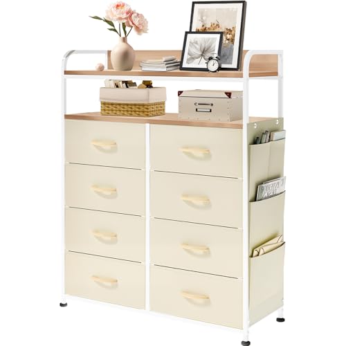 [ClutterFree] タンス 収納 チェスト 布製 引き出し 洋服収納 リビング収納 大容量 衣類収納 洋服タンス 衣装棚 箪笥 木製天板付き 簡単組立 多機能 転倒防止 AG-CTG01 (4段8杯 米色)