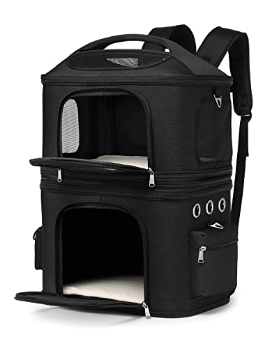 CHINSUKIDA 猫 2匹 リュック 分離可 キャリー 2層 ペット キャリーバッグ 小型犬 ソフトクレート 折りたたみ可 マット付き 2way 通院用 (ブラック）
