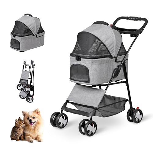 Foldable Pet Stroller ペットカート 4輪 折りたたみ 犬 カート 取り外し可能 ペットベビーカー ペットバギー 犬 バギー 多頭 耐荷重20kg 小型犬 中型犬 老犬介護 防水 軽量 収納カゴ ドリンクホルダ