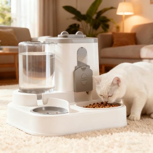 ANSENCURIAペット用給餌・給水一体型 猫 自動給餌器 給水器 電源不要 猫/中小型犬向け 水800ML/ 餌 2200ML 大容量 水筒式給水器 猫用 ...