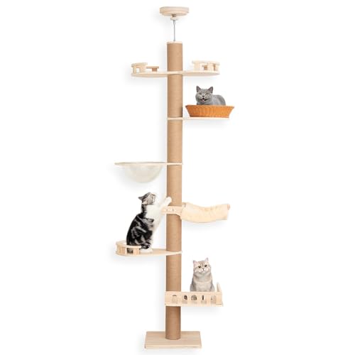 【なになにLife】 キャットタワー 突っ張り スリム 木製 超厚い15mm合板使用 耐久性 シニア 宇宙船 シンプル キャットツリー 省スペース クリアボウル...