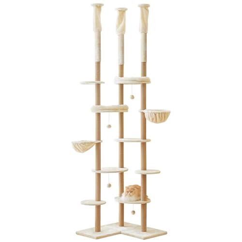 MWPO 突っ張り キャットタワー 多頭飼い 猫 大型猫用 ハンモック サイザル麻 展望台 おもちゃ 高さ調整可能 三角構造 223〜259cm 919