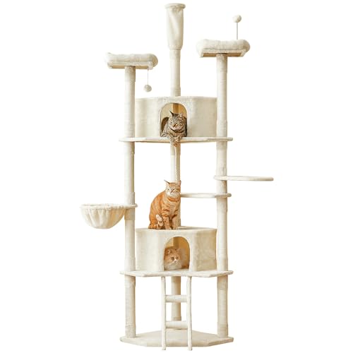 Mwpo キャットタワー 猫タワー 突っ張り 大型猫 スリム 省スペース おしゃれ 多頭飼い 爪とぎ 猫ハウス ハンモック おもちゃ付き 217-238cm ベージュ 902A