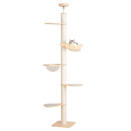 PETTIFUL 【特注合板厚さ15mm】 キャットタワー 突っ張り 木製 シニア スリム 木登り シンプル キャットツリー 猫タワー 太い支柱 大型猫 中型 ...