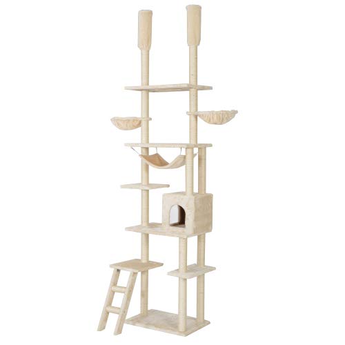 キャットタワー 突っ張り 最高258cm 全面麻紐 キャットタワー 爪研ぎ つっぱり 階段 多頭飼う キャットハウス 猫ベッド 隠れ家 おもちゃ (235~25...