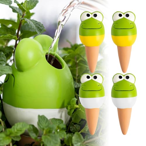 JUSTBOKU 自動給水器 植物 観葉植物 水やり 自動 陶器 自動水やり器 鉢植え 植木鉢 自動水やり 庭 水遣り当番 可愛い 自動給水キャップ 挿すだけ 水やり当番 出張 旅行 留守用 4個セット (カエ