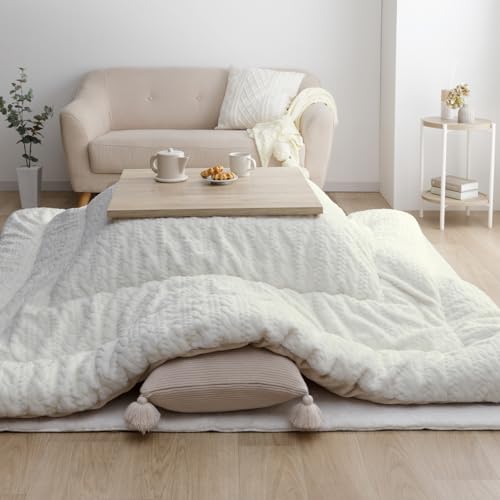 イケヒコ こたつ布団 正方形 掛布団 日本製 ローラ 約205×205cm アイボリー ラビットファー調 フェイクファー ニット柄 ふっくら ボリューム 洗える おしゃれ #1161840140103