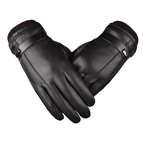 [Adcey] 革手袋 手袋 メンズ 防寒 保温 【裏起毛・タッチパネル対応】 防水 防風 スマホ対応 暖かい 革グローブ レザー 撥水 PU 手首にニットカラス てぶくろ ニットリブ防風強化 ボタン飾り