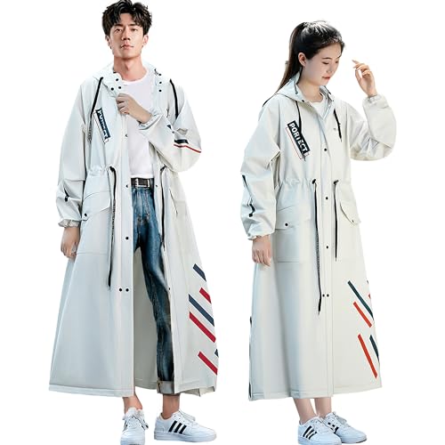 [MASTORE] ウエストシンチ ロングレインコート 自転車用 【2025新設計 2重バイザー・赤青ストライプ付き】 レディース メンズ 軽量 快適 防水 防風 ホワイト 通勤 通学 カッパ ポケット付き (JP,