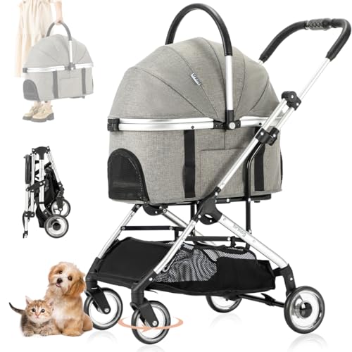 LPOTIUS アルミ軽量 ペットカート 分離型 折りたたみ ペットバギー 3WAYモデル 多機能 対面式 犬用カート 4輪 前輪360°回転 後輪ブレーキ付 中型犬 小型犬 猫 多頭飼い対応 ドッグカート お散歩