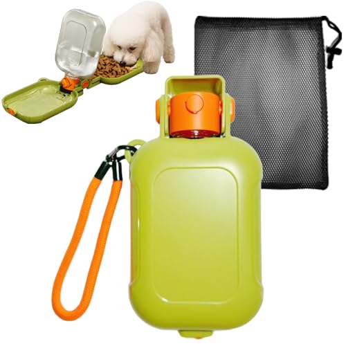 PawishPeace ペットウォーターボトル 犬猫兼用 携帯用水飲みボトル 460ml大容量 フードケース付き ダブルロック 防漏設計 片手操作 広口10cm 丸洗い可 散歩 アウトドア ペット給水器(グリーン, 460