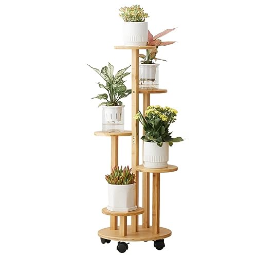 THCTYRP 竹製 可動式フラワースタンド ホイール付き 高低デザイン 観葉植物ラック（リビング・バルコニ..
