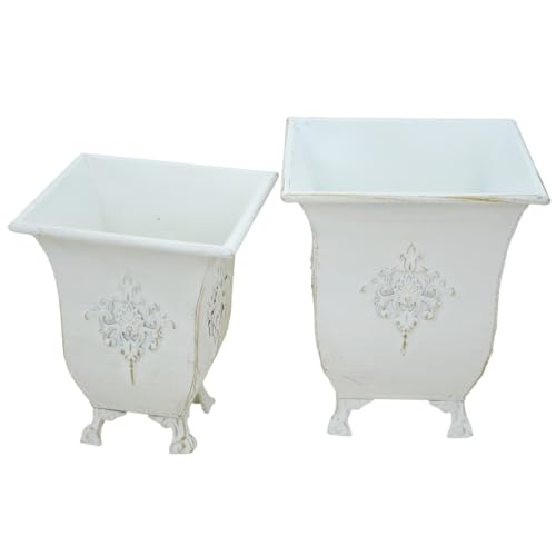 アイアンプランター ホワイト 2Pセット 大小2個セット 鉢カバー ホワイト×ゴールド アンティーク塗装 脚付き エレガント 輸入雑貨 鉢入れ ガーデニング 高...