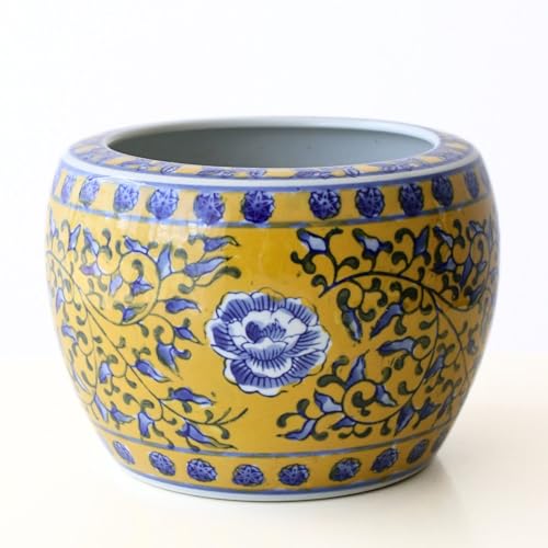 鉢カバー 火鉢 陶器鉢 水鉢 陶器 睡蓮鉢 植木鉢 おしゃれ 穴なし 室内 観葉植物 ミニ火鉢 黄底 M