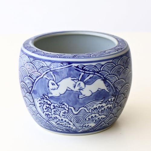 火鉢 うさぎ 陶器鉢 水鉢 陶器 睡蓮鉢 メダカ鉢 植木鉢 おしゃれ ウサギ 鉢カバー ミニ火鉢 うさぎ絵 S
