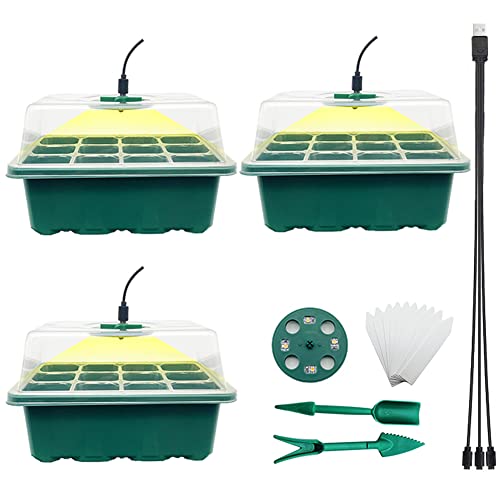 育苗ポット植物育成ライト付き 3個セット 育苗トレイ 育苗箱 12穴 種子トレイ 発芽?育苗セット 種まきハウス 苗箱 種まき器 育苗ボックス 透明カバー 便利...