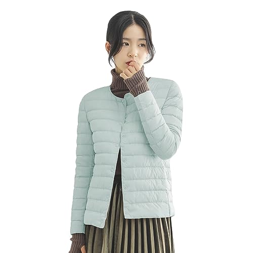 LIYURLTA ウルトラライト ノーカラー ダウンジャケット レディース インナー ダウン ジャケット 撥水 軽量 暖かい 防寒 薄い 秋冬 収納ポーチ付き LIY47 (JP, アルファベット, S, グリーン)