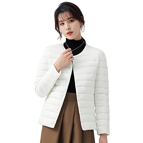 CLAZOLIY ライトダウン ノーカラージャケット レディース インナーダウン 軽量 暖かい 防寒 ダウンジャケット クルーネックまたはVネック CL113 (JP, アルファベット, S, ホワイト)