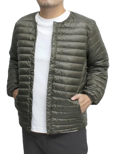 インナー ダウンジャケット メンズ 大きいサイズ リアルダウン 軽量 薄手 ノーカラー ジャケット 3L カーキ
