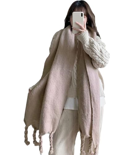 [miniministore] ボリュームマフラー大判 ツイストフリンジ 韓国ワイドフリンジマフラー レディース カシミヤタッチストール秋冬 ウール風ショール 無地暖かいふわふわ ニットマフラー（モカ