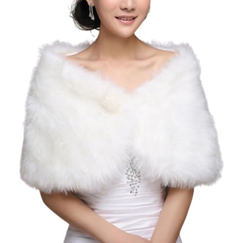 ショール ウェディング ファーケープ 肩掛け レディース 花嫁ケープ ポンチョ ストール ふわふわ 長毛 フェィクファー 結婚式 パーティ ドレス エレガント (ホワイト)