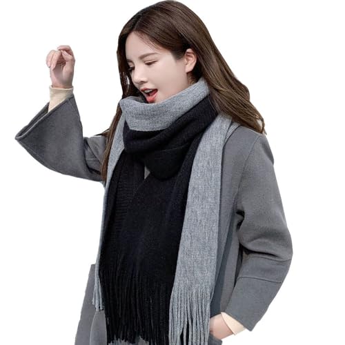 [EOMECUIGAO] レディース マフラー ショール ストール 大判 フリンジ秋冬防寒厚手パッチワークカラー ユニ (ブラック＆グレー)