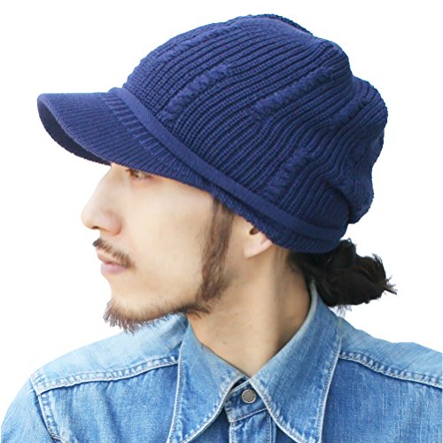 [ピースクロージング] コットンニットキャスケット ケーブル KS ツバ付き サマーニット帽子 キャップ UVカット ニット帽 ツバ サマー コットン 無地 シンプル 夏用 メンズ レディース (ネイビ