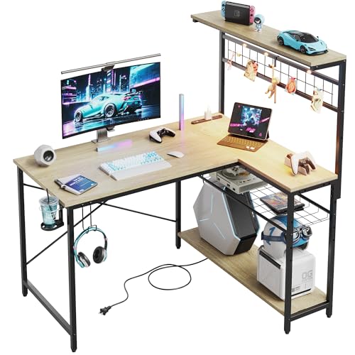 Bestier l字デスク パソコンデスク 幅107cm コンセント付き USB-C対応 ゲーミングデスク LEDライト付き 机 pcデスク l字型 収納 ラック付き 壁面収納 勉強机 学習机 在宅勤務 小さめ オーク