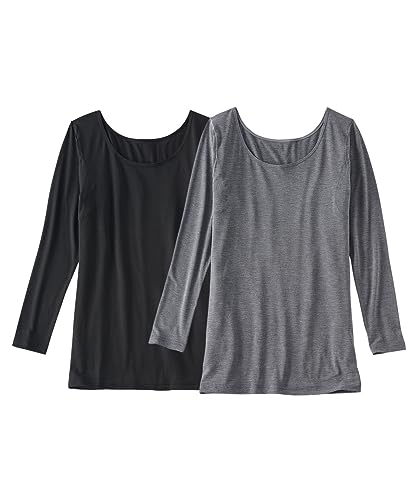 [ニッセン] インナーシャツ 暑がりさんの冬インナー 襟ぐり広め丈長め長袖インナー2枚組（吸湿発熱・吸汗速乾・UVカット） ウォームコアAIR 黒+チャコール(新タイプ) LL