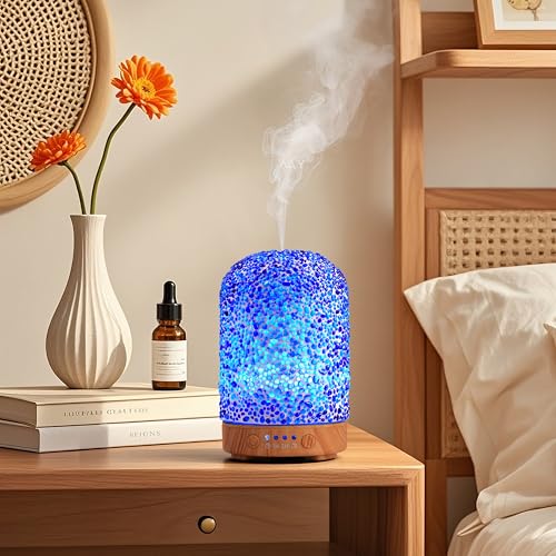 アロマディフューザー ガラス工芸芳香器 小型飾り置物 - 空焚き防止 7色LEDライト 30?低騒音 超音波ミスト式 運転モード多数 プレゼントに最適 - 寝室...