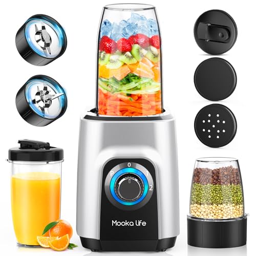 MOOKA LIFE ジューサー ミキサー スムージー 一台多役 三つボトル 500ml*2+300ml コーヒーミル 6枚刃 450Wハイパワー 高速回転 氷...