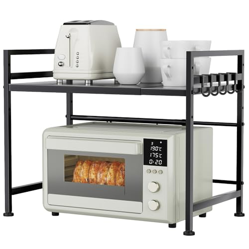 レンジ上ラック トースターラック キッチン収納 伸縮式 幅(40-60cm）棚板高さ調節可 電子レンジ 台 耐荷重50kg フック5つ付き お洒落 収納ラック