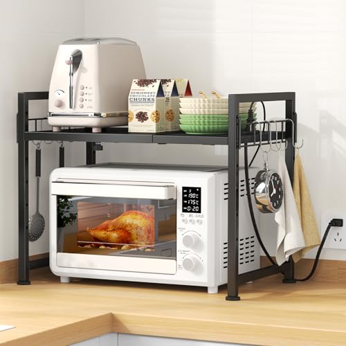 LunarLight レンジ上ラック コンセント付き 伸縮式 幅39~65奥行32高さ42cm 棚板高さ6段調節可能 耐荷重60kg トースターラック レンジ台...
