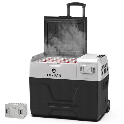 LVYUAN ポータブル冷蔵庫 40L 車載冷蔵庫 -20℃〜20℃ バッテリー搭載 急速冷凍 4WAY電源 DC12V/24V AC100V クーラーボックス...