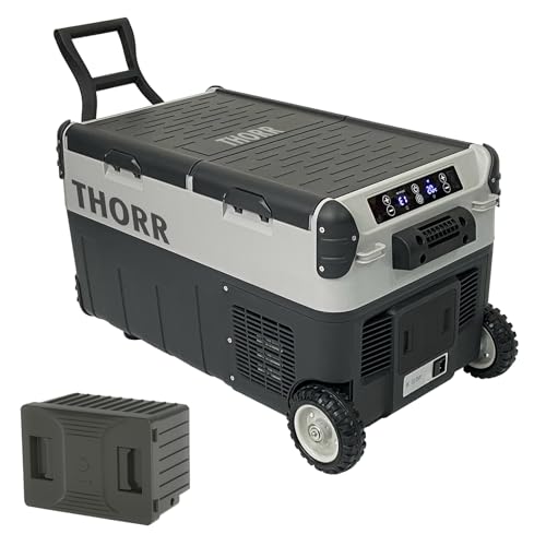 THORR ポータブル冷蔵庫 車載冷蔵庫 30L 【バッテリー付&太陽光パネル連動可】 トール ブラック&ライトグレー 冷凍庫 アプリ機能 2室独立温度制御 -...