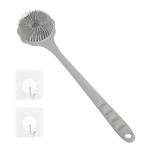 ボディブラシ 両面ブラシ【 新規アップグレード】マッサージ シリカゲルボディブラシ 背中ニキビ ケア 背中 ボディブラシ 長い柄 背中洗い ボディーブラシ 柔らかい 濃密泡 臭わない カビ