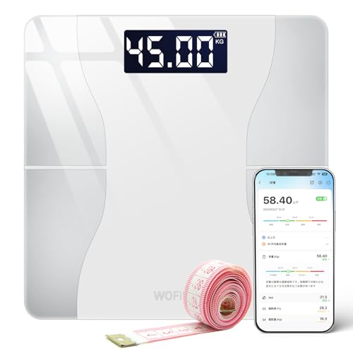 【2025新登場・超薄型】 体重計 スマホ連動 体脂肪計 体組成計 Bluetooth ヘルスメーター 高精度 iOS/Android対応 強化ガラス 多機能測定 体重 BMI/筋肉量/体脂肪率/水分量など13項目測定可能 自動ON/