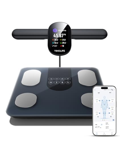 YINOLIFE 体組成計 FG2305ULB 体重計 スマホ連動 体脂肪計 部位別測定 8電極 58項目分析 TFT大画面 結果直接に確認 Bluetooth5.1 データ自動転送 体重体組成計 高精度0.01kg ハンドル自動収納 weight scale