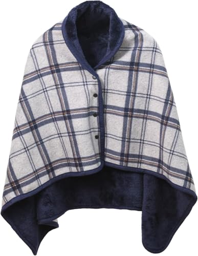 [北国のこたつ] ひざ掛け 肩掛け 毛布 大判 ブランケット 4way 着る毛布 ボタン付き あったか 防寒対策 静電気防止 洗える 通年使用 パネルヒーター相性 (グレーチェック 80X130cm) (ネイビーグ