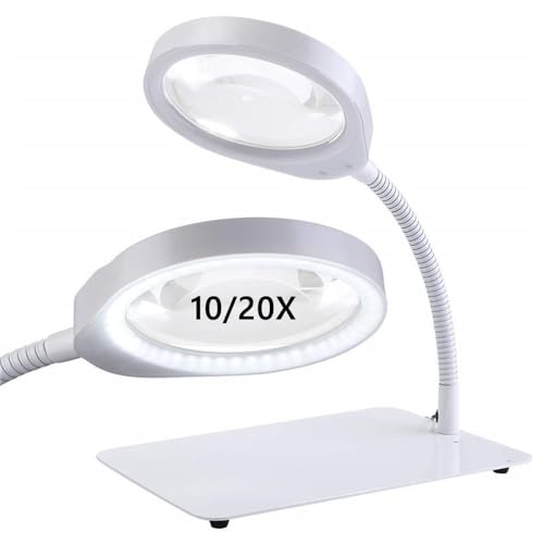 QaaJaa スタンド 拡大鏡 ライト ルーペ 卓上 ライト付き 10/20倍 折りたたみ式 角度調整可能 無段階調光 USB給電 目に優しい 多用途 (10/...
