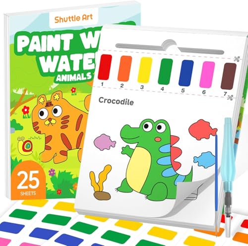 Shuttle Art 水彩塗り絵 動物 子供用水彩絵本 画用紙25枚 厚手 120gsm 筆2本 補充絵の具シート2枚付き 鮮やか 透明 速乾 耐久 キッズお絵描きセット ウォーターブック付きペイント DIY 手作り アー
