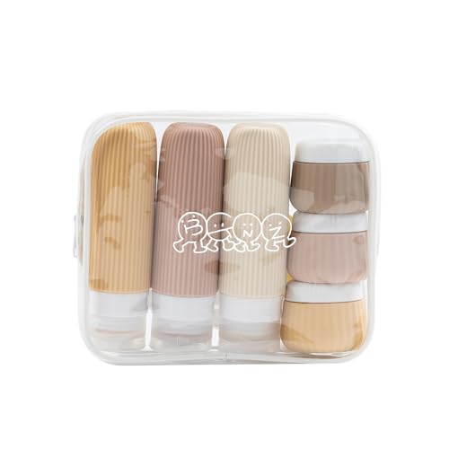 BAGUNEEZの旅行用漏れ防止トラベルボトルセット - 5回目の再入荷記念版、シリコン製トラベルボトル3個、トラベルコンテナ3個、特製プレミアム防水ポーチ、ネームステッカー&スパチュラ付き