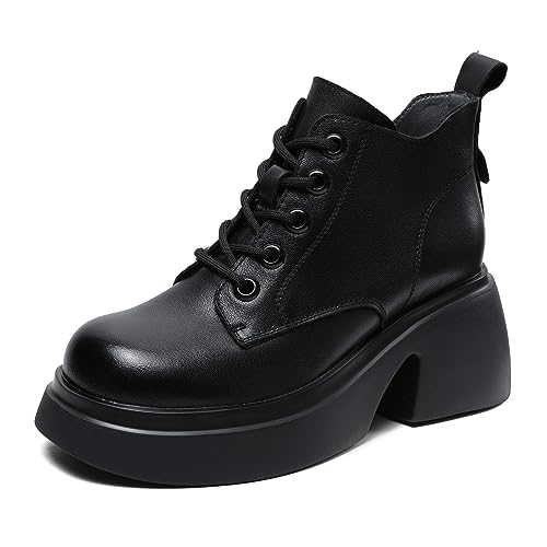 [MIDIRO] ブーツ レディース ジッパー ブーツレースアップブーツ 牛革 厚底 編み上げブーツ 柔らかい 黒 袴用 着やすい ある 滑り止め