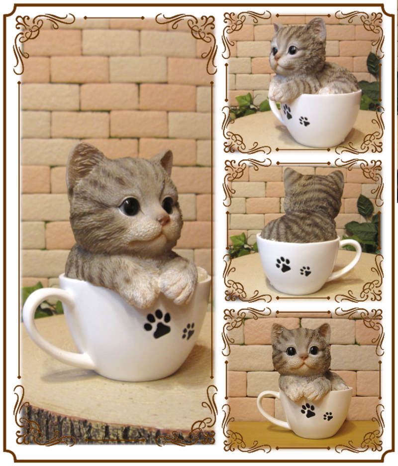 猫　置物 リアル　ねこ　ネコ　キャット　リアルな猫の置物　ティーカップキャット　グレー　動物オブジェ　ガーデンオーナメント　装飾　フィギュア　モチーフ　インテリア　玄関先　庭　雑貨