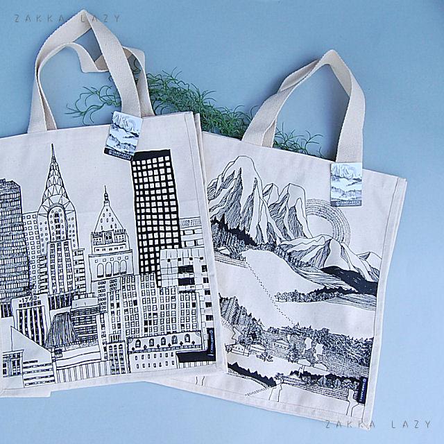 『ランドスケープ　トートバッグ　アルプス』バッグ　白黒　モノトーン　アルプス　山　景色