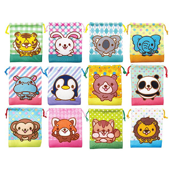 Drawstring Bags - 【24個セット】【巾着 ポーチ】まんまるアニまる ミニ巾着袋 カラフル かわいい 巾着袋 動物 アニマル お祭り 夏祭り おまつり 祭 夜店 露店 生き物 ユニーク 可愛い 賞品 くじ グッズ アイテム 人気 女の子 男の子
