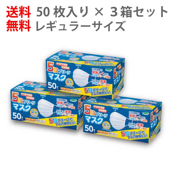 【3箱セット/全150枚】送料無料 5段プリーツマスク レギュラー 50枚入り JIS規格適合不織布 花粉 乾燥 対策 予防 全国マスク工業会 使い捨て 立体 大人 快適 睡眠 業務用 大きめ サージカル 息 大きいサイズ 苦しくない ますく 大容量 衛生 ky