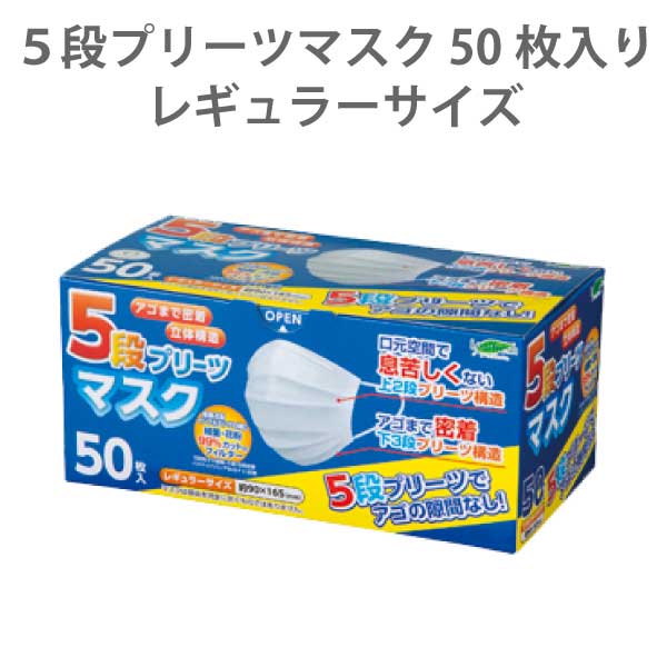 【送料無料】5段プリーツマスク レギュラー 50枚 JIS規格適合 不織布 花粉 乾燥 日焼け 防止 アレルギー 対策 予防 使い捨て 立体 大人 快適 就寝 睡眠 業務用 大きめ 立体マスク 息 大きいサイズ 苦しくない ますく 大容量 衛生